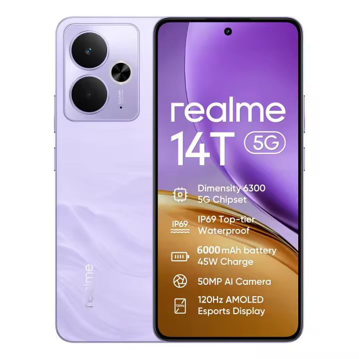 Teléfono - realme 14T 5G ,Versión europea, 8GB+256GB, Batería de 6000mAh Carga de 45W, IP69 impermeable de primer nivel, MediaTek Dimensity 6300 5G, Cámara AI de 50MP, Pantalla Esports AMOLED 120Hz, Smartphone - 1