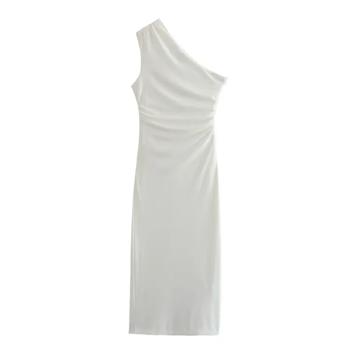 Elegant Women White Draped Asymmetric Midi Dress Party Vestidos - 1