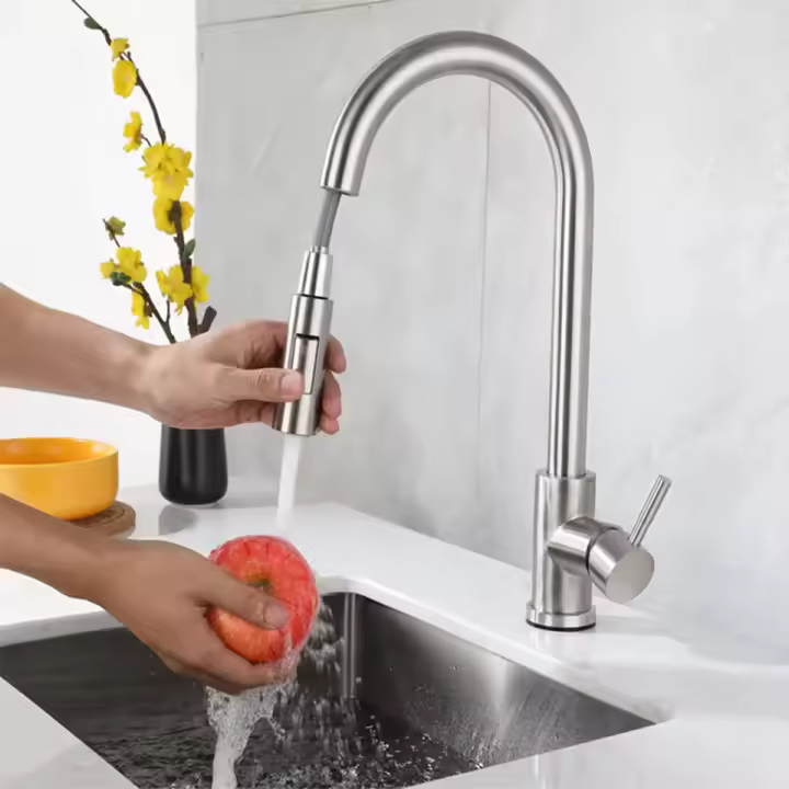 Grifo de cocina de acero inoxidable cepillado, rociador de fregadero de cocina extraíble, grifo de agua de cocina, grifo de un solo orificio - 1