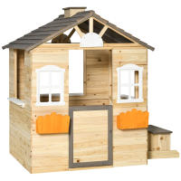 Outsunny Casa de Jardín Infantil de Madera Casa de Juegos Exterior para Niños de 3 -7 Años con Ventanas 2 Jardineras y 1 Banco 113x94x134,5 cm Natural - details 0