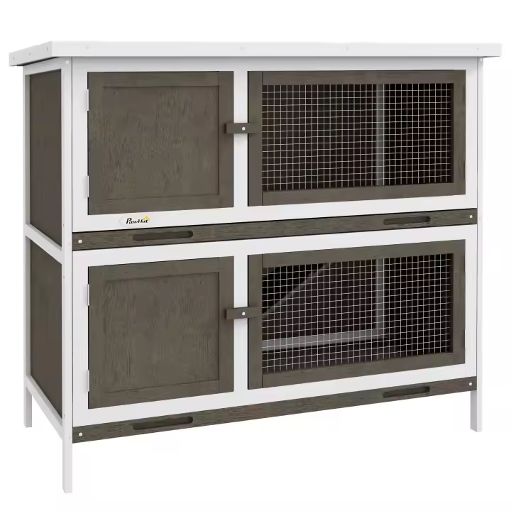 PawHut Conejera de Madera Jaula para Conejos de 2 Pisos 97x44x91 cm con Techo Asfáltico Puertas con Pestillo Bandejas Extraíbles y Rampa para 2 Conejos - 1