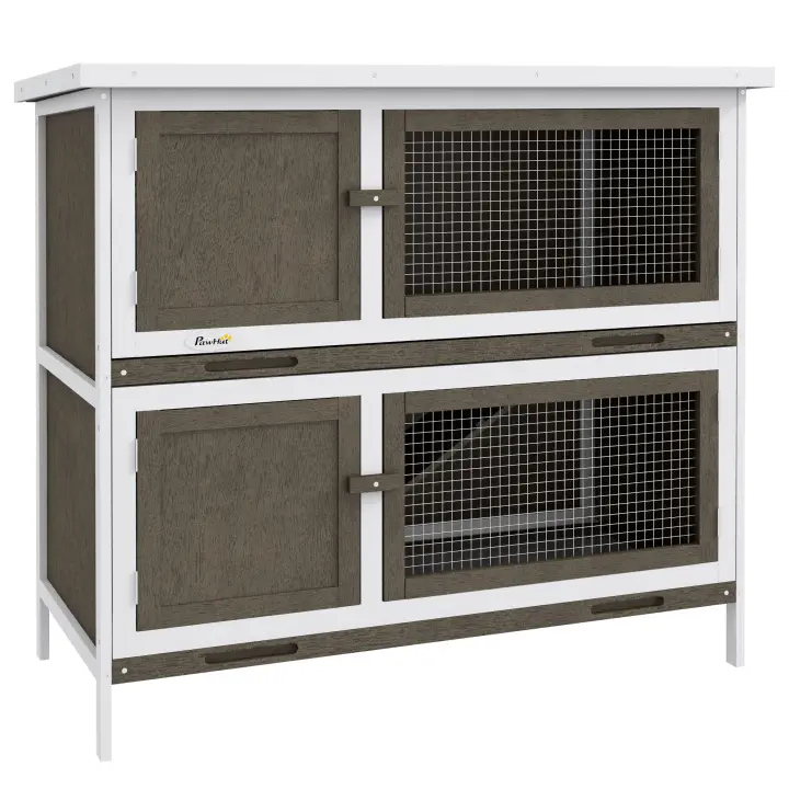 PawHut Conejera de Madera Jaula para Conejos de 2 Pisos 97x44x91 cm con Techo Asfáltico Puertas con Pestillo Bandejas Extraíbles y Rampa para 2 Conejos - 1