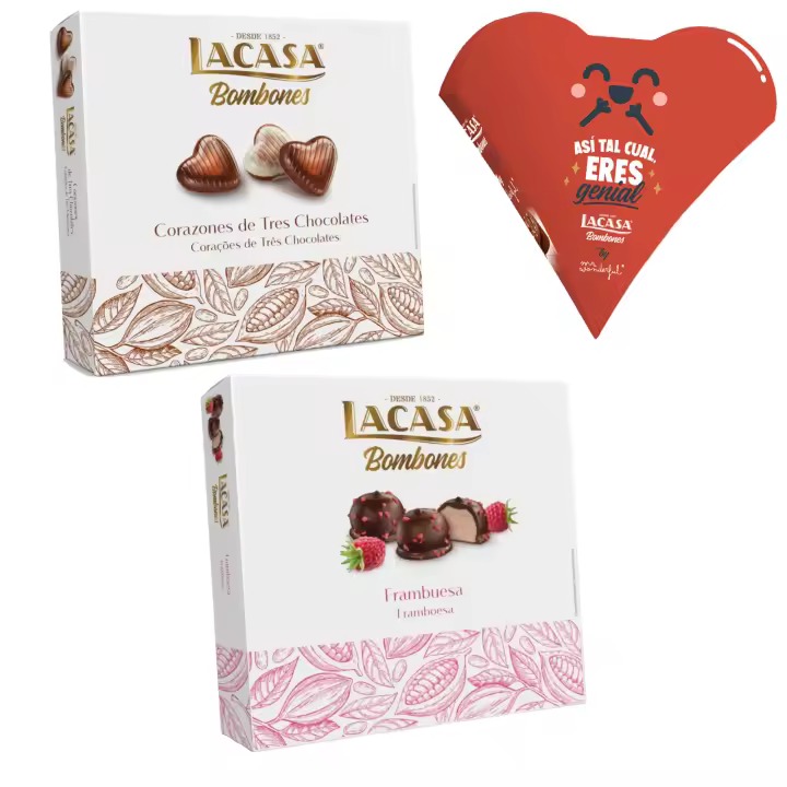 Pack Lacasa bombones corazón mr wonderfull 60G & bombones corazón tres chocolates 200 G & bombones frambuesa 200 g - 1