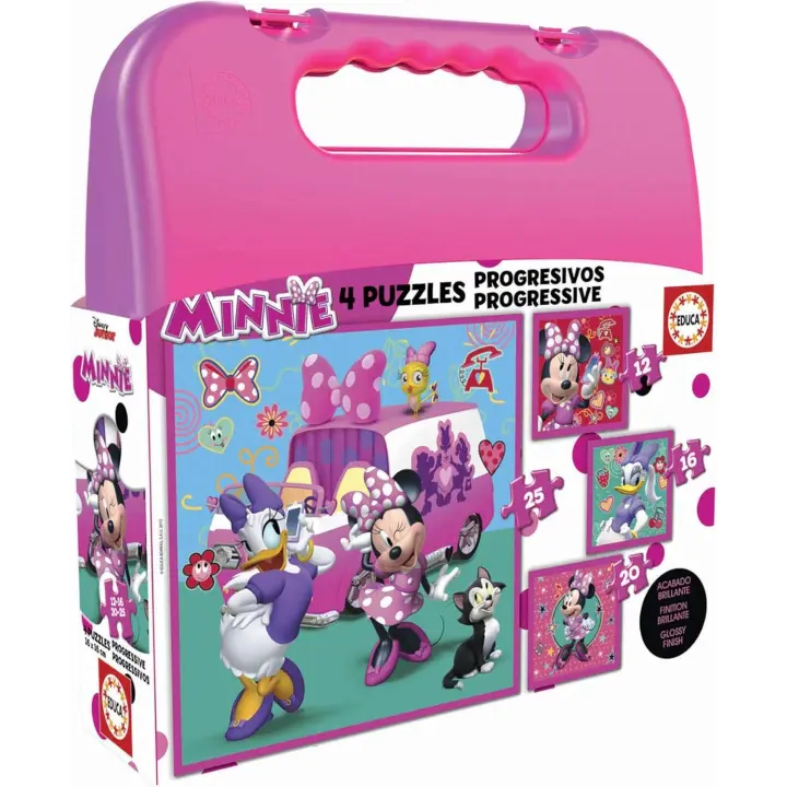 Educa -Maleta con 4 Puzzles progresivos  Infantiles Minnie Ayudantes Felices +3 años Educa 17638 - 1
