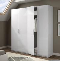 Meimon Armario ropero 4 puertas acabado Blanco Brillo, con 2 barras de colgar de aluminio extraíbles, 2 estantes interiores, bisagras metálicas, tiradores de aluminio y tacos ABS protectores. Medidas: 200x180x52 cm. Estructura melaminizada tipo E1 - details 1