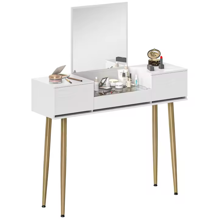 HOMCOM Tocador de Maquillaje con Espejo Tocador con Encimera de Vidrio Templado Visible 3 Cajones Mesa de Maquillaje Moderna para Dormitorio Blanco - 1