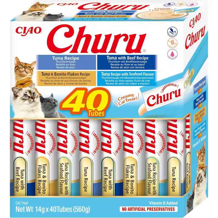 CHURU – INABA,  40 UNIDADES MIX Variedades de Snacks Sludables Base De ATÚN, Premio para Gatos, Premio Delicoso, Snacks Liquido, - 1