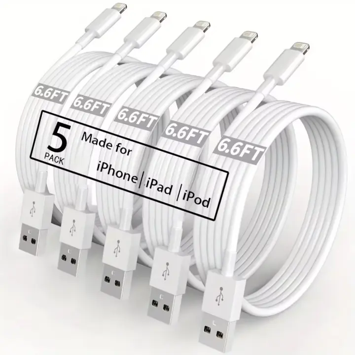 Cable De Carga USB a a Lightning 2M 6.6FT 5 Pack Para iPhone 14 13 12 11Pro X XR XS Max 8 7Plus 2.4A TPE Certificado MFi - 1