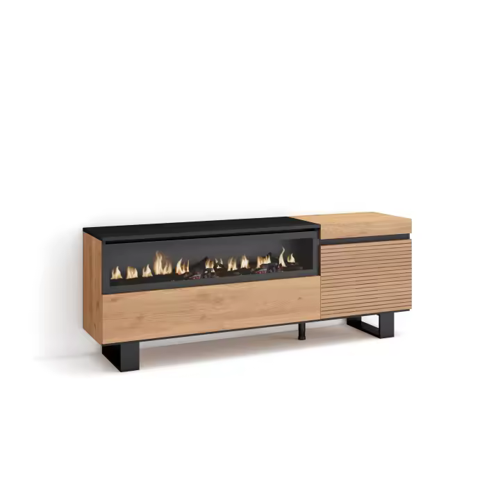 Skraut Home - Mueble TV - Televisión - Muebles de Salón con dos puertas para almacenaje - 150x57x35cm - Para TV Hasta 65 Pulgadas - Chimenea Eléctrica led efecto fuego 3d- Diseño Industrial - Estilo Moderno - color Roble - 1
