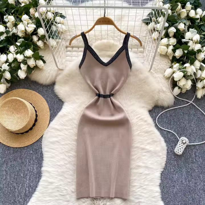 Vestido Elegante REALEFT Para Mujer V-Neck Sin Mangas De Encaje Colorbloqueado Ajustado Rodillera De Verano Nuevo 2025 - 1