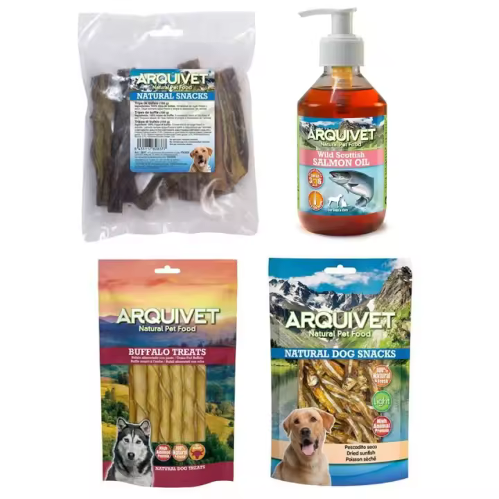 Pack degustación para perros (Aceite de salmon 250ml - Pescadito seco 100 g - Trenzado de Piel de Búfalo - 100 g - Tripa de búfalo (Bolsa 100 g) Arquivet - 1