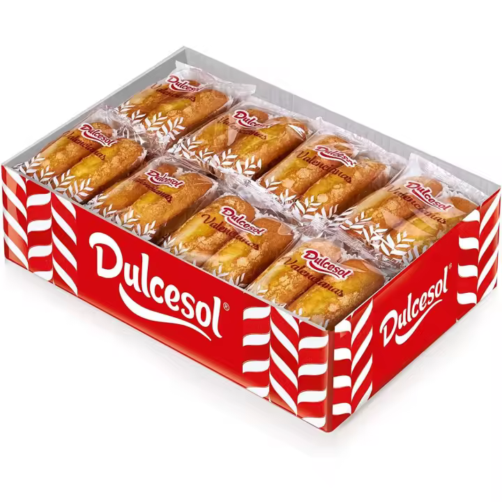 Magadalenas Valencianas Dulcesol envueltas individualmente 1,89Kg - 30 unidades aprox - Inicia tu día con nuestras clásicas valencianas elaboradas con la receta tradicional. Magdalenas tiernas y de calidad - Formato en caja de granel - 1