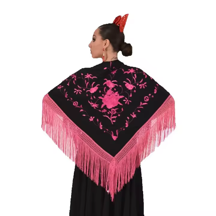 Mantón Mediano Negro Bordado Fucsia con Flecos Fucsia Anuka - 1