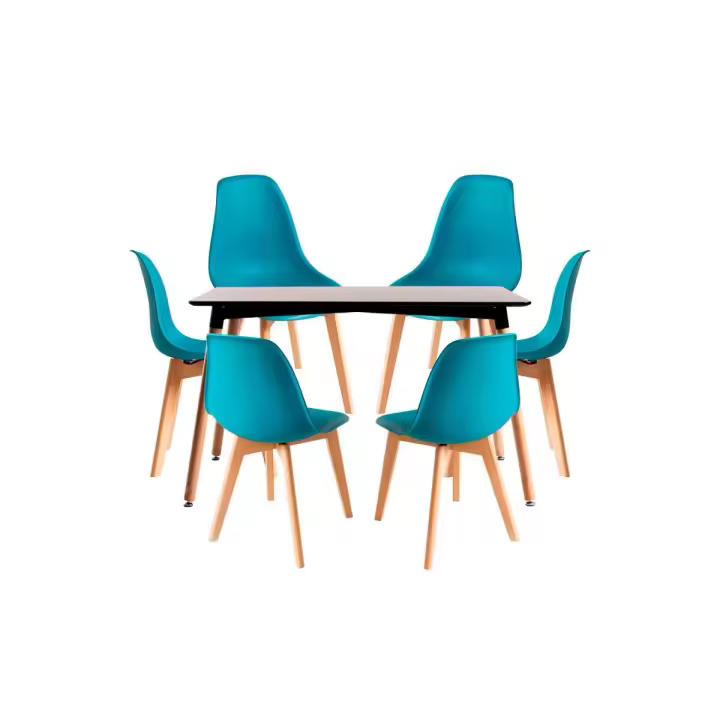 Conjunto Mesa Tower Rectangular 120 x 80 cm Negra y Pack 6 Sillas Kelen - Verde azulado - 1