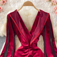 Vestido Bodycon De Veludo Negro/Rojo Para Mujer Vintage Con Cuello En V Y Mangas Largas Patchwork Midi De Otoño Invierno - details 15