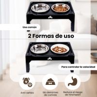 ALEVADI | Comedero Perro Elevado de 4 Alturas Ajustables | 2x Cuencos Acero Inoxidable | 1x Cuenco Antivoracidad ingesta lenta | ajustables en función del tamaño y edad | Ideal para Perros Gigantes, Grandes, Medianos y Cachorros | Patas antideslizantes - details 2