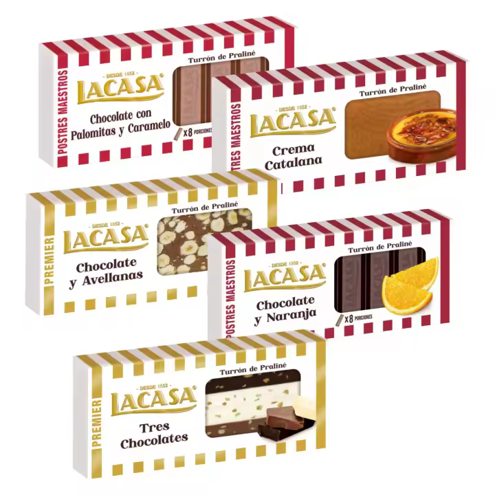 Turrones Lacasa: 5 tabletas de Turron variadas: Chocolate con palomitas y caramelo, Chocolate y avellanas, Chocolate y naranja, Crema catalan - 1