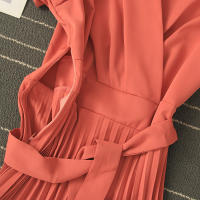 Nuevo Vestido De Verano 2026 Para Mujer Estilo Casual Con Cuello En V Manga Corta Lace up Pleated Chiffon Vestido De Cintura Alta - details 14