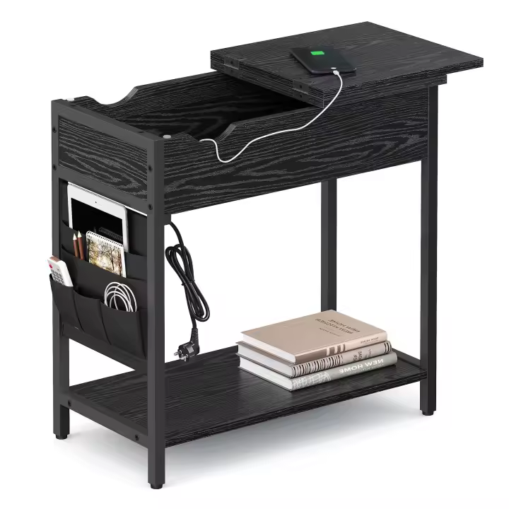 Mesa Auxiliar con Enchufes y Puerto USB - Mesita de Noche con Tablero Plegable, Estante y Bolsa de Tela, Estilo Vintage, Marrón/Negro, para Salón y Dormitorio - 1
