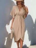 Vestido JIM & NORA 2024 Verano Para Mujer Cintura Alta Elegante Tipo Wrap Cuello En V Midi De Cintura Con Decoración Ruched Estilo Oficina - details 3