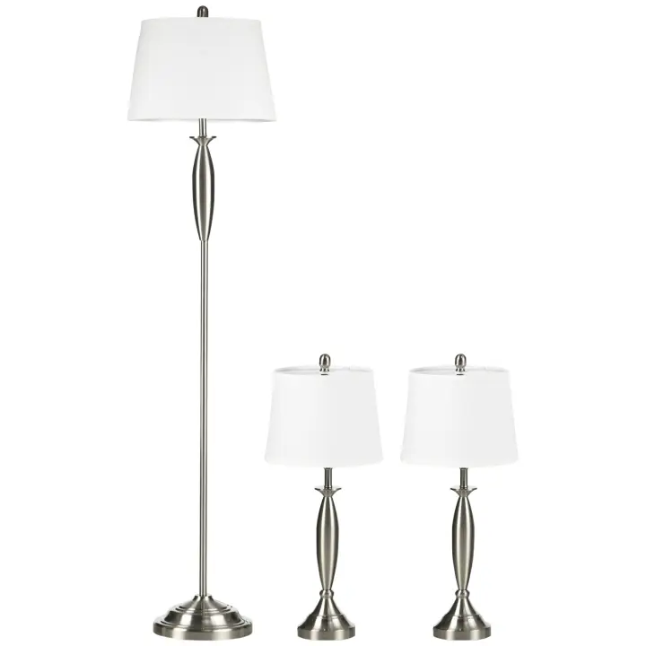 HOMCOM Set de Lámparas de Pie de 3 Piezas Incluye 1 Lámpara de Pie y 2 Lámparas de Mesa, Set de Lámparas de Mesa con Casquillo E27, para Salón, Dormitorio, Plata + Blanco - 1