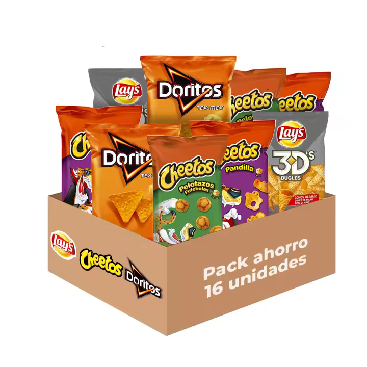 Pack Queso - Snacks y Patatas Fritas - Cheetos, Doritos y Lay's: 4 Pandilla, 4 Pelotazos, 4 Tex-Mex y 4 3D's, Total: 604 g en 16 Bolsas de Aperitivos y Patatillas Crujientes - 1