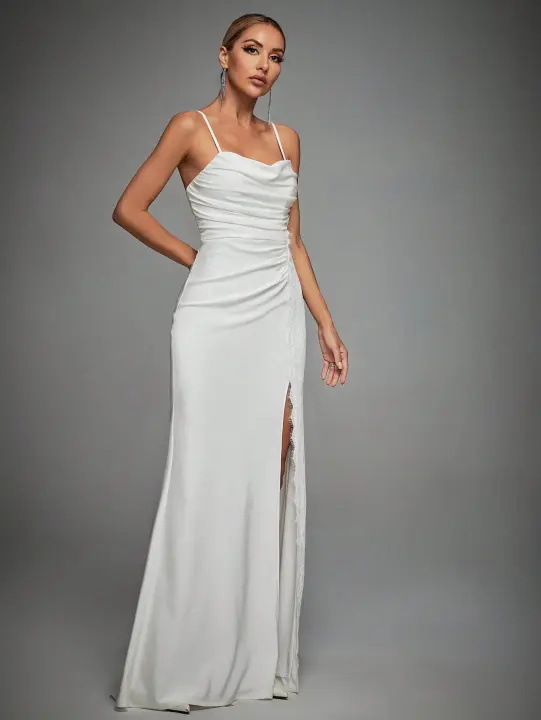 Vestido De Novia Mgiacy Con Cuello Halter Y Patchwork De Encaje Vestido De Fiesta Para Bodas Vestido De Damas De Honor De Largo Suelto Estilo Sirena - 1