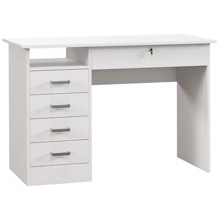 HOMCOM Escritorio de ordenador con tablero grande, 5 cajones, 1 compartimento abierto, cajón con cerradura, moderno 110 x 50 x 76 cm, blanco - 1