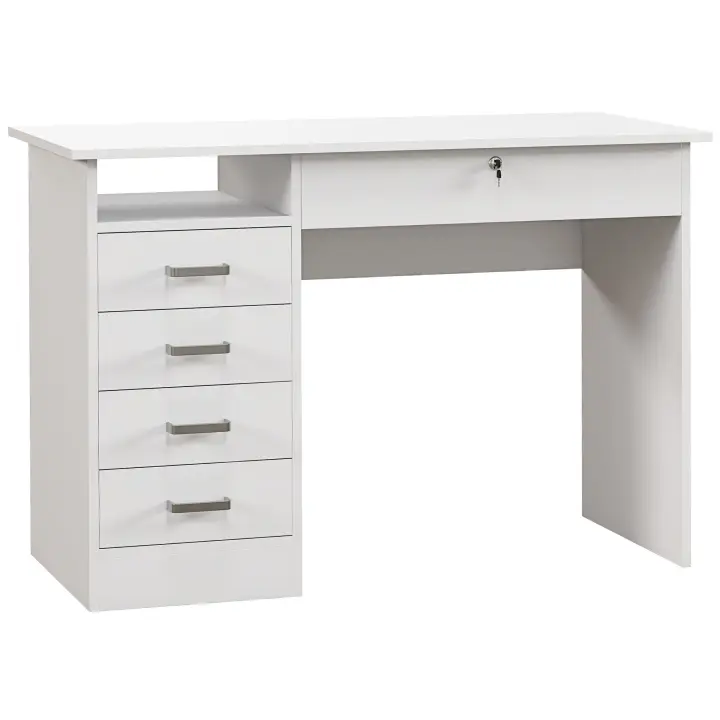 HOMCOM Escritorio de ordenador con tablero grande, 5 cajones, 1 compartimento abierto, cajón con cerradura, moderno 110 x 50 x 76 cm, blanco - 1