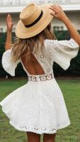 Vestido Blanco De Verano Casual Con Bordado Floral Vestido Mini Sin Espalda Vestido De Fiesta Poliéster A-Line O-Neck Manga Flare - details 12