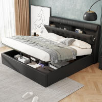 Cama tapizada con estilo, 160*200, Cama hidráulica, Estante Oculto en el cabecero, Estante en El Cajón DE LA Cama, PU, Con somier y cabecero, Sin colchón, Negro - details 3