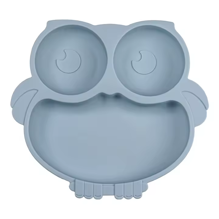 Plato de silicona con lechón para bebé, con forma de búho, Bonito Plato con lechón para niños, Plato dividido para bebé, Azul - 1