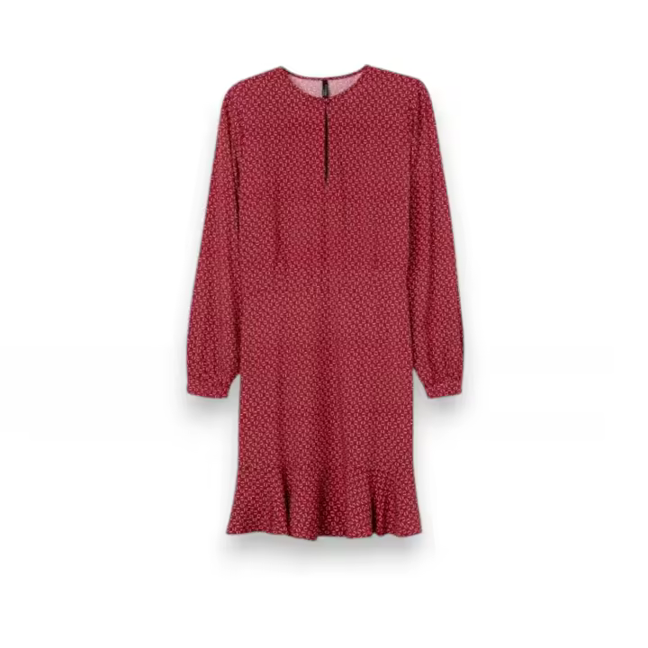 Vestido Tiffosi Giovanna rojo tibetano, con cuello redondo, manga larga y detalles de volantes. - 1