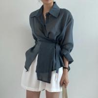 Camisa Casual Para Mujer Suelta Con Cinturón Y Cuello En V Vintage De Manga Larga Transpirable Para Oficina Y Uso Diario - details 3