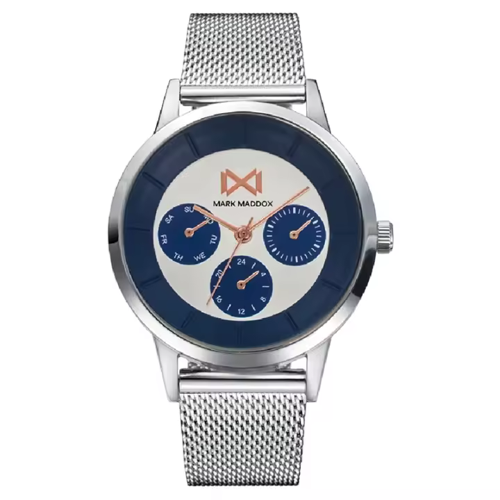 Reloj Mark Maddox MM7126-37 analógico hombre malla plateado y azul - 1