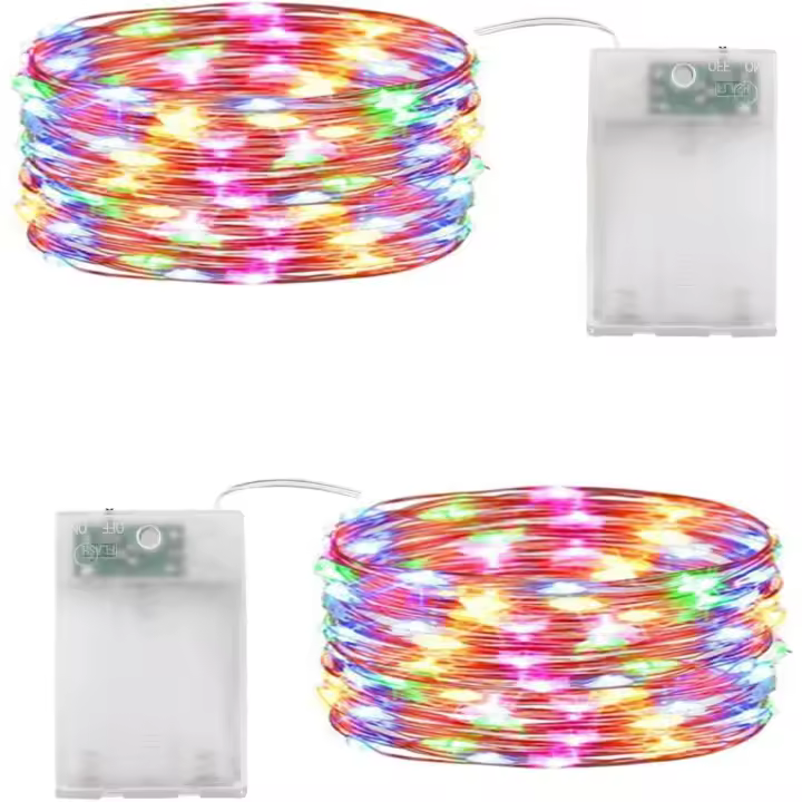 Paquete de 2 guirnaldas navideñas multicolores, 10 m, 100 luces LED, funciona con pilas, para dormitorio, boda, fiesta, hogar y jardín - 1