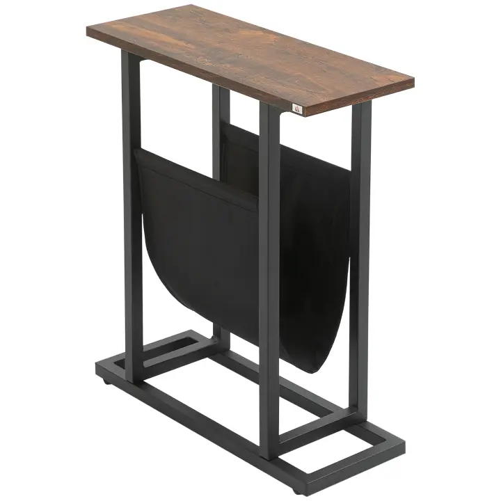 HOMCOM Mesa Auxiliar con Bolsa de Tela, Mesa de Centro, Mesa de Sofá con Estructura de Acero, Mesita de Noche, Mesa de Centro para Dormitorio, Salón, Marrón Oscuro + Negro, 49 x 19 x 55 cm - 1