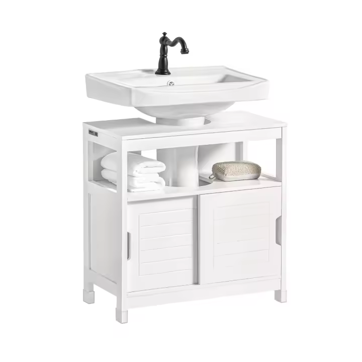 SoBuy Mueble para Debajo del Lavabo Armario de Baño de Suelo 1 Estante y 2 Puertas Correderas Blanco 60 x 30 x 60 cm FRG128-II-W ES - 1
