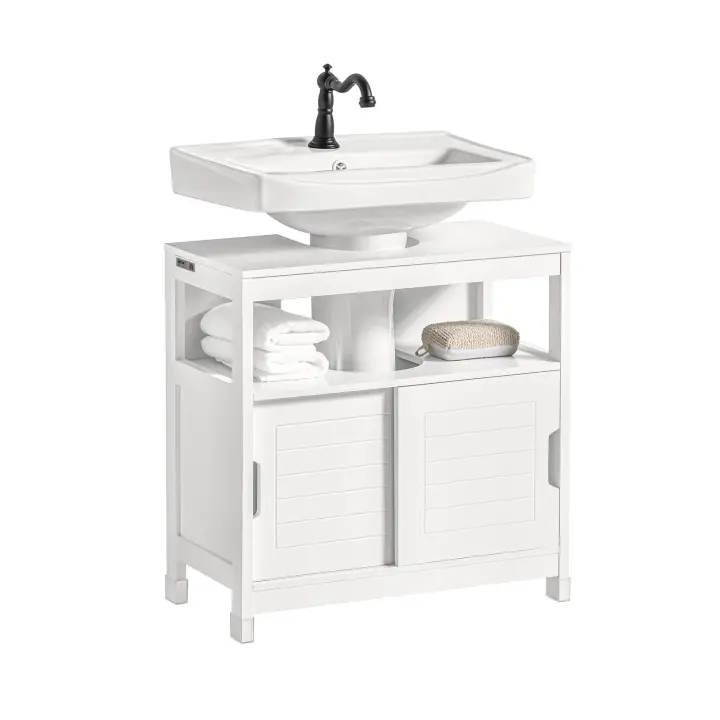 SoBuy FRG128-II-W Mueble para Debajo del Lavabo Armario de Baño de Suelo 1 Estante y 2 Puertas Correderas Blanco ES - 1