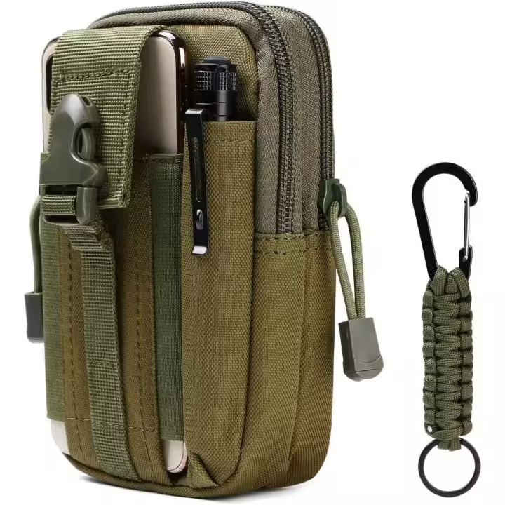 Riñonera táctica, riñonera de nailon | Verde militar | Bolsa multifuncional Molle EDC para teléfono, actividades al aire libre, senderismo, montañismo y ciclismo (con 1 mosquetón) - 1