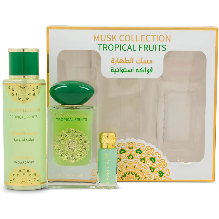 Set Tropical Fruits de Gulf Orchid 3 piezas Pack regalo Dubái árabe Elegante Frutal Dulce Perfume Bruma corporal y Aceite - 1