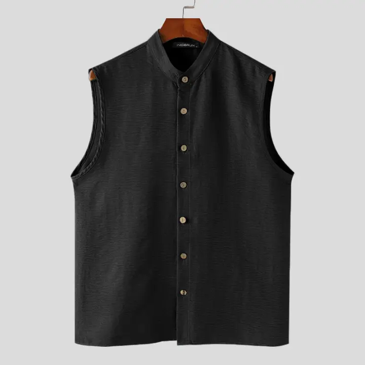 Camisa INCERUN Para Hombre De Color Sólido Cuello Erguido Sin Mangas Botones Estilo Casual Verano Moda Streetwear Tallas S-5XL - 1