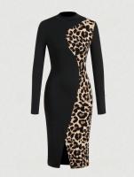 Vestido Slim De Impresión De Leopardo Con Cinturón Y Manga Larga De Cuello Redondo Versátil Y Estilizado Para Mujeres - details 4