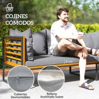 Outsunny Conjunto de Jardín Exterior de 4 Piezas Muebles Jardín Exterior en Forma de L con 2 Sofás de 2 Plazas Sofá de Esquina y Mesa de Centro de Madera de Acacia con Cojines Acolchados Gris y Teca - details 4