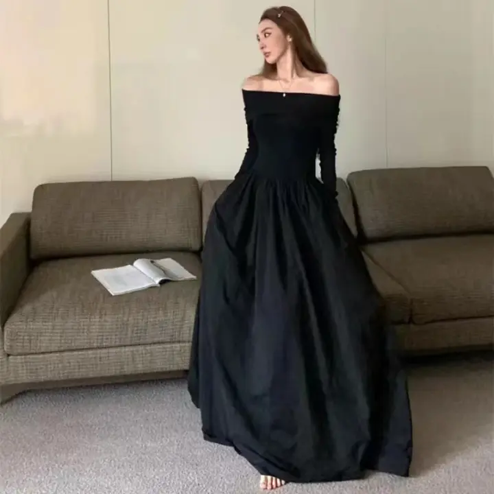 Vestido Largo Elegante Coreano Para Mujer En Negro Con Cuello Abierto Y2K Chic De Otoño Con Manga Larga Vestido De Fiesta A-Line Slim Fit Con Dobleces - 1