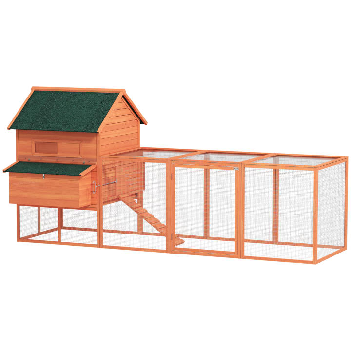 PawHut Gallinero de Madera Grande Exterior, Caseta para Gallinas con 2 Nidos, Corral, Techo Asfáltico, Bandeja Extraíble y Rampa, Casa Elevada para 4-6 Gallinas, Conejos, 347x160x150 cm, Naranja