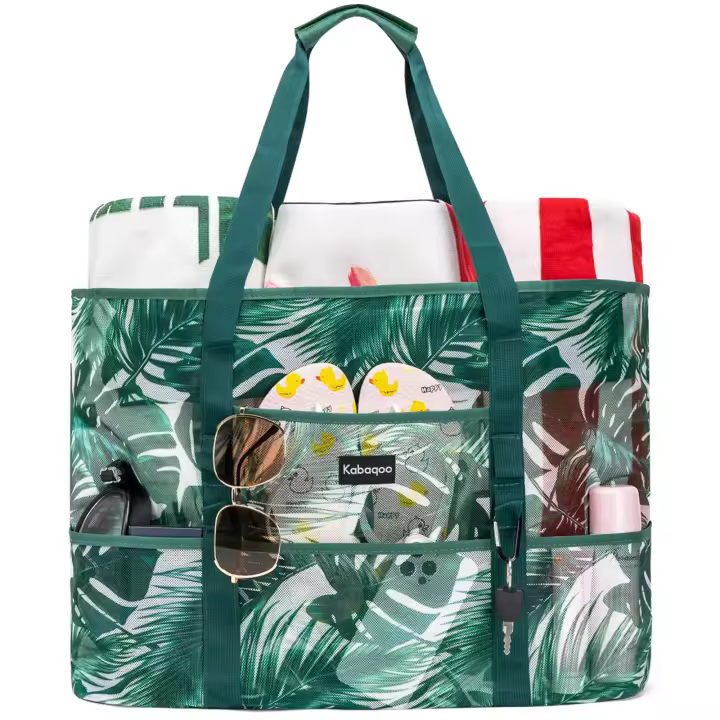 Bolsa de playa de malla, bolsas de playa extra grandes con 9 bolsillos y cremallera, impermeable, ligera, para viajes a la playa, cocotero - 1