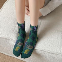 Calcetines Casuales Para Mujer 5 Pares Estilo Callejero Con Dibujos De Animales Y Flores Comodidad Invierno Otoño Calcetines Para El Hogar - details 4