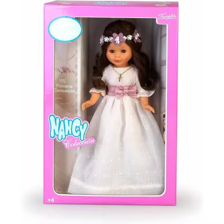 Muñeca Nancy Primera Comunión Morena de Famosa - Vestido Blanco Estilo de Lino - Lazo Lila y Corona de Flores - 1
