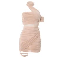 CUTENOVA Vestido Corto De Mujer En Color Sólido Con Parche De Malla Y Cuello Colgante Sin Espalda De Encaje Asimétrico Y Pleated Para Verano - details 5